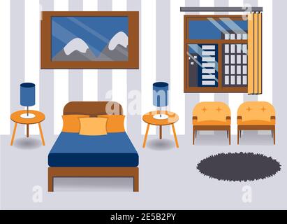 chambre bleu gris jaune couleurs style rétro plat Illustration de Vecteur