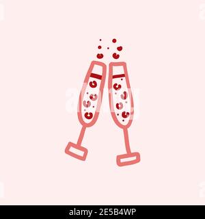 illustration vectorielle de style d'esquisse isolée sur fond rose. Verres dessinés à la main avec champagne pétillant, cheers Illustration de Vecteur