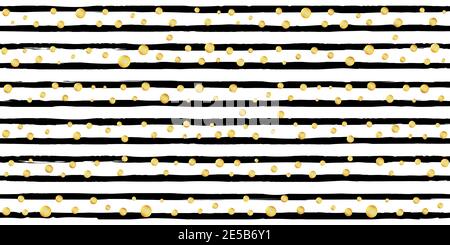 Motif de grunge horizontal abstrait à rayures monochromes encre noire dessinée à la main arrière-plan rayé avec pois dorés scintillants Banque D'Images