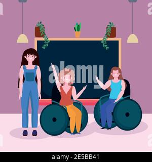 divers élèves personnes et fille handicapée assis dans un fauteuil roulant, illustration vectorielle d'inclusion Illustration de Vecteur