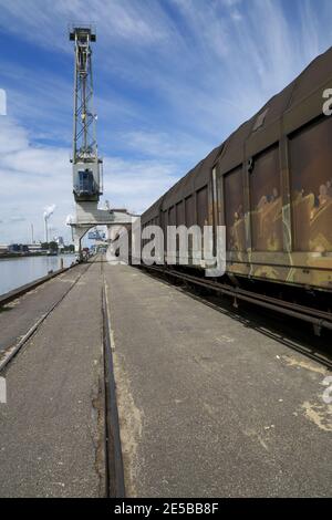 Karlsruhe, Allemagne: Port de Karlsruhe avec wagons de marchandises, chemin de fer, grue, Rhin et bâtiments de stockage Banque D'Images