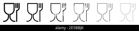 Plastique de qualité alimentaire. Ensemble de signes vectoriels avec une épaisseur de ligne différente. Matériau alimentaire. Symbole verre à vin et fourchette Illustration de Vecteur