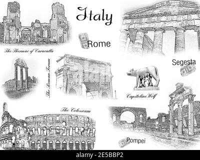 Concept de voyage, collage d'art. Sites anciens de Rome, Pompéi, Segesta. Antiquités italiennes : le Forum romain, les Thermae de Caracalla, le Colisée Banque D'Images