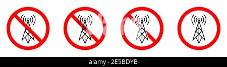 Aucun signal. Icônes d'interdiction d'antenne définies. Le signal WI-FI est interdit. Panneau rond rouge STOP ou Ban avec icône de signal radio. Illustration vectorielle. Illustration de Vecteur