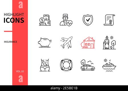 Concept d'assurance - ensemble d'icônes de style de dessin de ligne. Voyage, santé, immobilier, véhicule et protection des paiements et sécurité idée. Bouclier, argent, d Illustration de Vecteur
