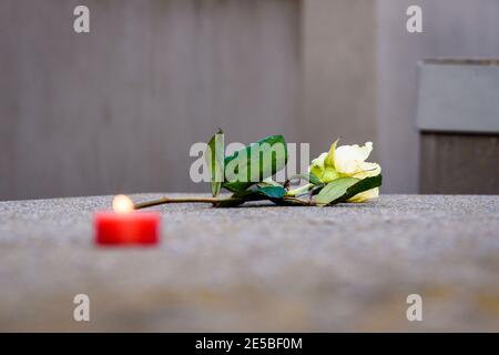 Berlin, Allemagne. 27 janvier 2021. Allemagne, Berlin, le 27 janvier 2021 : une fleur et une bougie sont placées sur une dalle de béton au Mémorial des Juifs d'Europe assassinés (allemand : Denkmal für die ermordeten Juden Europas), également connu sous le nom de Mémorial de l'Holocauste (allemand : Holocauste-Mahnmal) à l'occasion de la Journée internationale du souvenir de l'Holocauste. Le 27 janvier 2021 marque la Journée internationale de commémoration en mémoire des victimes de l'Holocauste, 76 ans après la libération du camp de concentration nazi d'Auschwitz. (Photo de Jan Scheunert/Sipa USA) crédit: SIPA USA/Alay Live News Banque D'Images