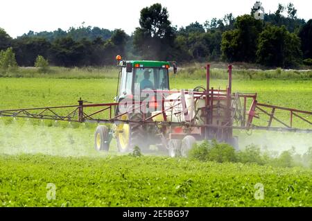 Tracteur pulvérisant de l'engrais et des pesticides sur un champ de soja à proximité Rochester, Minnesota, États-Unis Banque D'Images