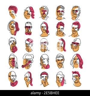 Portraits contemporains abstraits d'hommes et de femmes dessinés avec une ligne et quelques taches de couleur en arrière-plan. Illustration vectorielle de dessin au trait Illustration de Vecteur