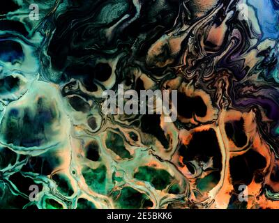 Peinture d'art abstrait, bleu avec fond vert créatif peint à la main, texture marbre et pinceau, peinture acrylique sur toile. Art moderne Contempora Banque D'Images