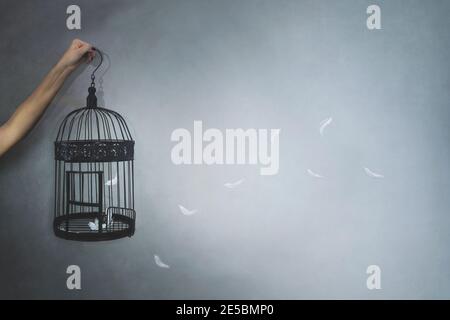 la personne donne la liberté à un oiseau enfermé dans une cage, des plumes volantes, concept de liberté Banque D'Images