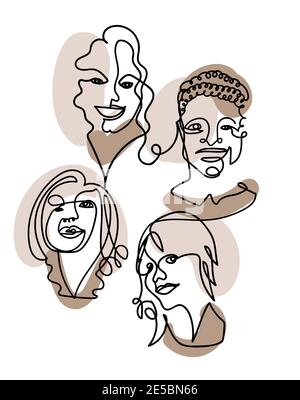Portraits contemporains abstraits de femmes dessinés avec une ligne et quelques taches de couleur en arrière-plan. Illustration vectorielle de dessin au trait Illustration de Vecteur