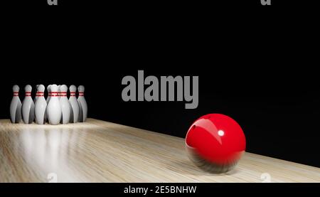 Rendu 3d d'un bowling avec des quilles et une balle.Illustration d'image numérique. Banque D'Images