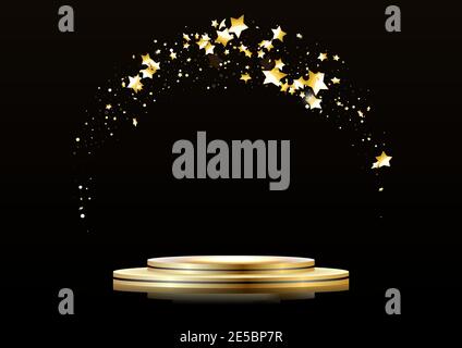 Monter sur le podium avec des étoiles dorées en chute libre, la scène avec la cérémonie de remise des prix sur fond sombre. Illustration de Vecteur
