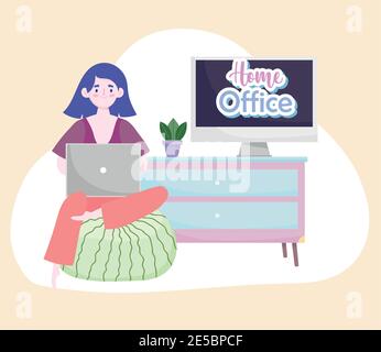 femme utilisant un ordinateur portable assis sur une chaise de haricot bureau à la maison vecteur illustration Illustration de Vecteur