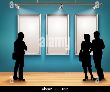 Silhouettes de personnes devant des cadres de la galerie d'art illustration vectorielle intérieure Illustration de Vecteur