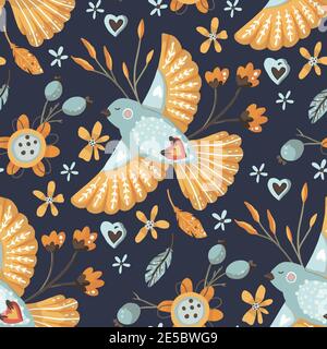 Motif vectoriel sans coutures oiseaux et fleurs. Décoration de papier peint de dessin animé d'art folklorique fleuri. Illustration de Vecteur