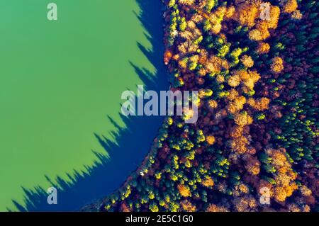 Lac de Sainte-Ana, Transylvanie, Roumanie. Superbe paysage d'automne avec forêt colorée et lac volcanique idyllique un populaire touristique et Voyage destinati Banque D'Images