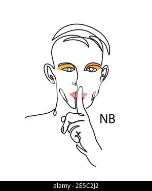 Concept de personne non binaire, enby, NB. Homme avec maquillage et geste shh. Illustration vectorielle simple, illustration de la face de l'homme Illustration de Vecteur