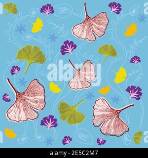 Feuilles et motif de feuillage - feuilles de ginkgo - dessinées à la main Illustration - la nature en été Illustration de Vecteur