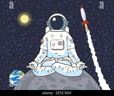 Astronaute Zen dans un costume d'espace assis méditant sur une planète ou la lune contre un ciel étoilé avec des vaisseaux spatiaux et des roquettes, illustration vectorielle colorée Illustration de Vecteur