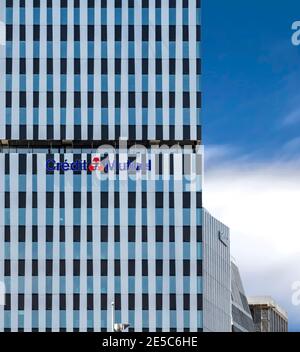 Banque coopérative du crédit mutuel, logotype sur le nouveau siège social dans le quartier des affaires de Wacken, dans le centre de Strasbourg Banque D'Images