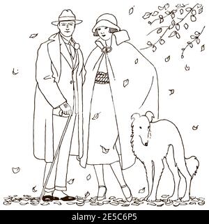 Homme et femme des années 20 avec leur chien attendant dans le vent d'automne, entouré de feuilles en chute Illustration de Vecteur