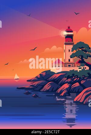 Phare - paysage vectoriel. Paysage de mer avec balise sur la plage au coucher du soleil. Illustration vectorielle de style dessin animé plat. Illustration de Vecteur