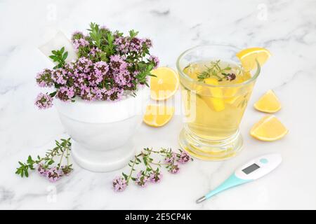 Herbe de thym pour un remède naturel anti-rhume et grippe dans un mortier de marbre et une pilon avec thermomètre et boisson chaude avec citron. Est antibactérien, antis Banque D'Images