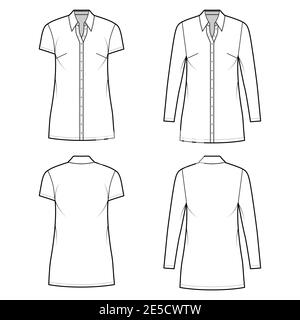 Chemise habillée illustration technique de la mode avec col classique, longueur mini, corps large, bouton vers le haut. Modèle de vêtement plat à l'avant, à l'arrière, de couleur blanche. Femmes, hommes, maquette de CAD unisex Illustration de Vecteur