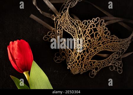 Masque vénitien avec tulipe rouge dans un environnement sombre et éclairé de manière suggestive. Mystérieux concept d'amour, jour de San Valentin. Banque D'Images