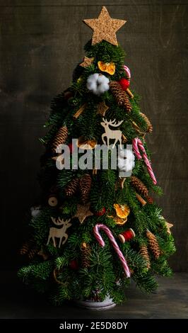 Sapin de Noël fait de branches naturelles de sapin, décoré de pommes de pin et d'épices Banque D'Images