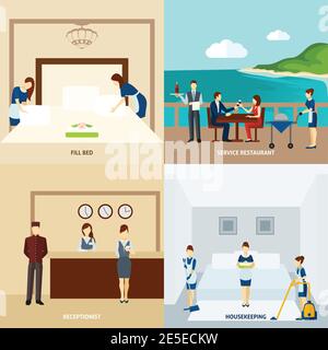 Le personnel de l'hôtel a conçu un ensemble de concepts avec service de restaurant et entretien ménager icônes illustration vectorielle isolée Illustration de Vecteur