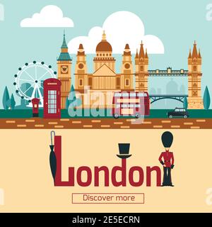 Affiche touristique de Londres avec des monuments célèbres et des symboles à vecteur plat illustration Illustration de Vecteur