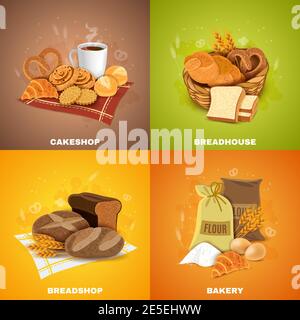 Boulangerie pour la meilleure qualité pain et pâtisserie 4 plat icônes carré composition bannière résumé illustration vectorielle Illustration de Vecteur