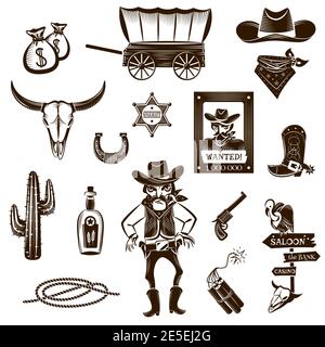 Ensemble d'icônes noir blanc de cow-boy avec symboles Wild West à plat illustration vectorielle isolée Illustration de Vecteur