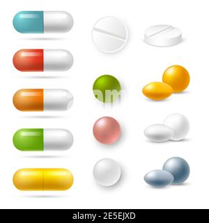 Des pilules et des granules réalistes dans différentes couleurs icônes ensemble isolé illustration vectorielle Illustration de Vecteur