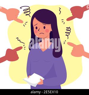 jeune femme avec feuille de papier victime de caractère d'intimidation et motif vectoriel attaquant les mains Illustration de Vecteur