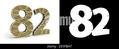 Numéro d'or quatre-vingt-deux (numéro 82) découpé en segments d'or perforés avec canal alpha et ombre sur fond blanc. Illustration 3D Banque D'Images