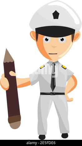 Pilote d'avion tenant un personnage de dessin-crayon capitaine d'avion en uniforme Illustration de Vecteur