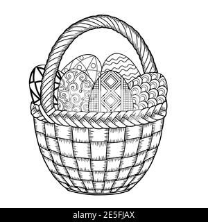 Joyeuses Pâques. Œufs de Pâques en noir et blanc dans le panier. Livre de coloriage pour adultes pour la détente et la méditation. Éléments isolés vectoriels Illustration de Vecteur