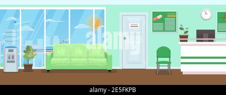 Salle d'attente pour les patients dans le cabinet dentaire. Bâtiment intérieur pour le concept de stomatologie. Vecteur de style plat. Illustration de Vecteur