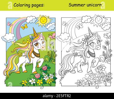 mignonne unicorn marchant sur un pré fleuri en été. Page de livre de coloriage avec modèle de couleur. Illustration de dessin animé vectoriel isolée sur fond blanc. Pour Illustration de Vecteur