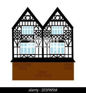 Ancienne maison allemande avec poutres en bois. Bâtiment à colombages de couleur. Façades plates de maisons à ossature européenne, cottages. Illustration de Vecteur