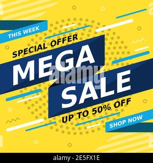 Bannière Mega sale. Modèle d'offre spéciale. Jusqu'à 50 % de réduction sur la conception. Concept commercial. Arrière-plan vectoriel Illustration de Vecteur