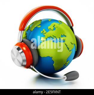 Globe 3D avec casque et microphone isolés sur fond blanc. Illustration 3D. Banque D'Images