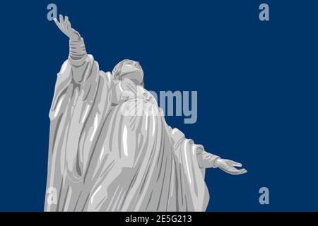 Statue de la Vierge Marie (statue de l'Immaculée conception). Dessin sur l'arrière-plan d'une illustration vectorielle bleu clair. Illustration de Vecteur