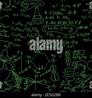 Formules de chimie organique sans couture fond vert phosphorescent écrit à la main sur une illustration vectorielle de tableau noir. Toutes les formules sont correctes. Illustration de Vecteur