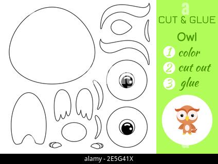 Livre de coloriage coupé et colle hibou bébé. Jeu de papier éducatif pour les enfants d'âge préscolaire. Feuille de travail Couper et Coller. Couleur, pièces coupées et colle sur le papier Illustration de Vecteur