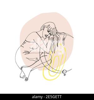 Dessin d'une seule ligne de assis belle femme avec la lune et signe vénus sur fond géométrique neutre abstrait Illustration de Vecteur