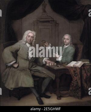 Michiel de Roode (1685-1771) et Jan Punt (1711-1779), tenant un portrait miniature de Joost van den Vondel de Jan Maurits Quinkhard. Banque D'Images